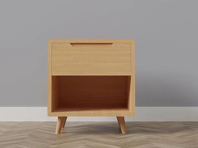 Simple Modern Wooden Bedside Table With Drawer Open Shelf And Thin Legs 3d model
