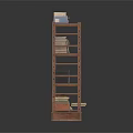 Multi Tiered Brown Wooden Bookshelf With Stacked Books Globe And Storage Boxes