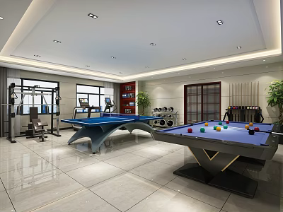 Modern Clubhouse Interior Featuring Fitness Equipment Billiard Table And Ping Pong Table 3d model