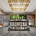 Luxurious Hotel Lobby With Golden Chandelier Blue Gold Decor And Marble Flooring