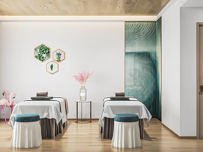 Serene SPA Sauna Interior Design With Massage Beds Green Plant Decor And Wooden Floors 3d model