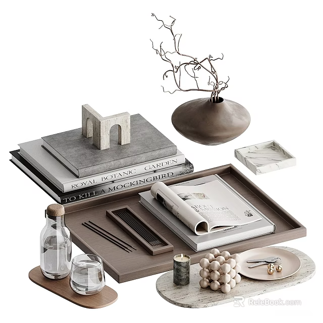 Stylish Decorative Ornament Set With Books Arch Vase Twigs Tray Magazine Candle Beads And Marble Plate 3d model 