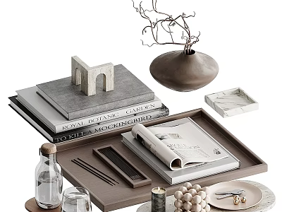 Stylish Decorative Ornament Set With Books Arch Vase Twigs Tray Magazine Candle Beads And Marble Plate 3d model
