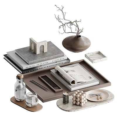 Stylish Decorative Ornament Set With Books Arch Vase Twigs Tray Magazine Candle Beads And Marble Plate 3d model
