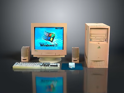 Vintage Desktop Computer System with Monitor Keyboard Mouse and Speakers Running Windows 95 Interface 3d model