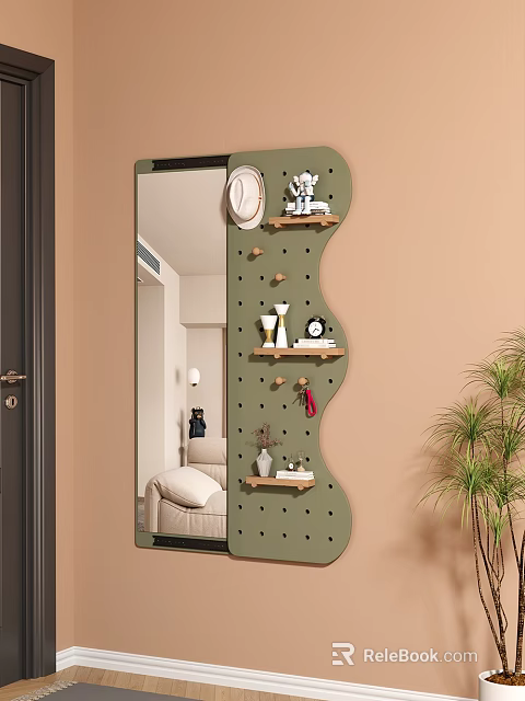 Green Wavy Decorative Mirror with Shelves Hooks Vase Clock and Room Reflection 3d model 