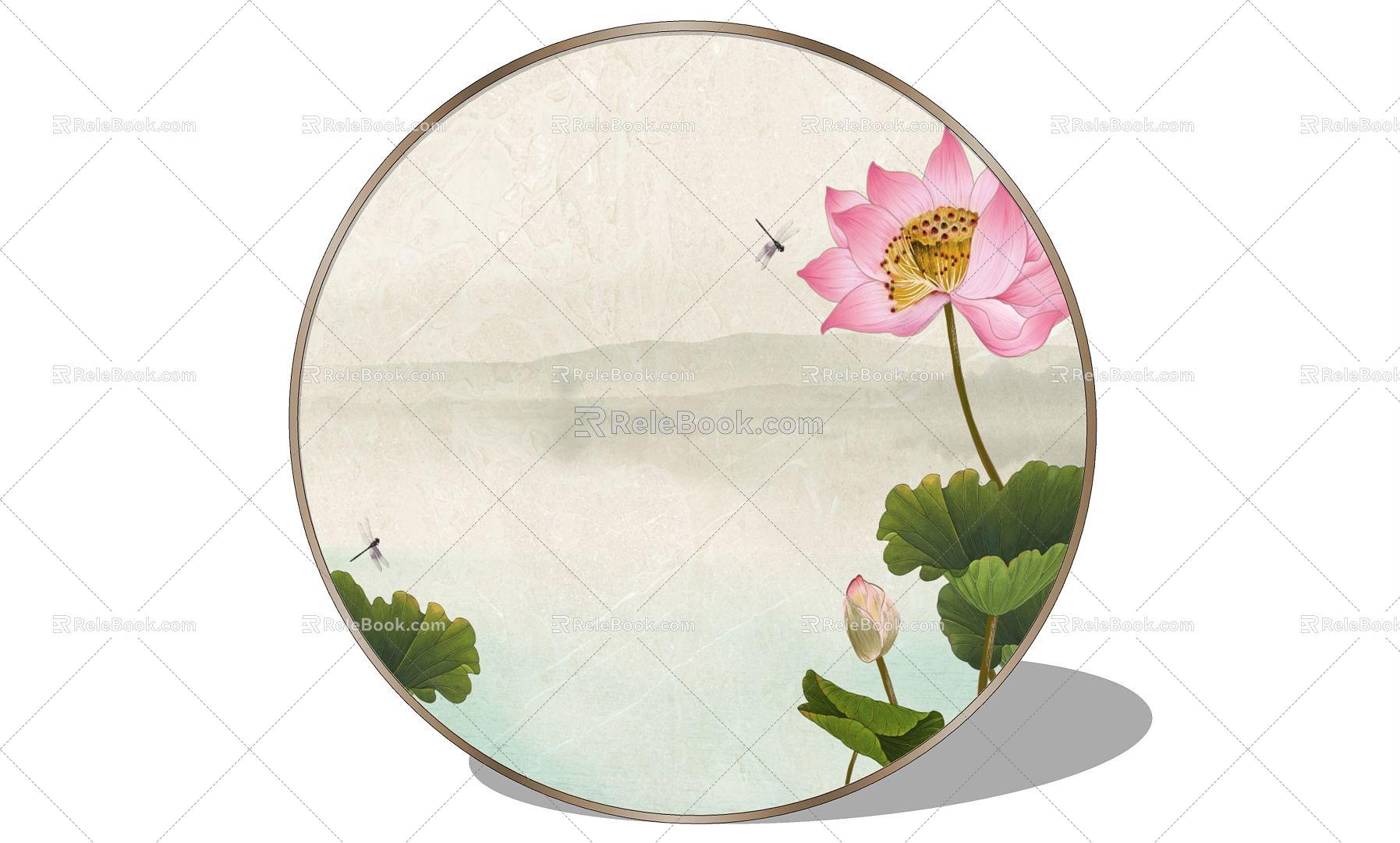 Chinese Round Frame Painting Zen Lotus Wall Decorative Painting 3d model