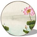 Chinese Round Frame Painting Zen Lotus Wall Decorative Painting 3d model