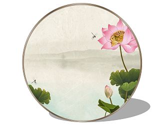 Chinese Round Frame Painting Zen Lotus Wall Decorative Painting 3d model