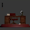 Wooden Desk Interior With Red Chair Table Lamp Wall Clock Picture Frame Scattered Papers