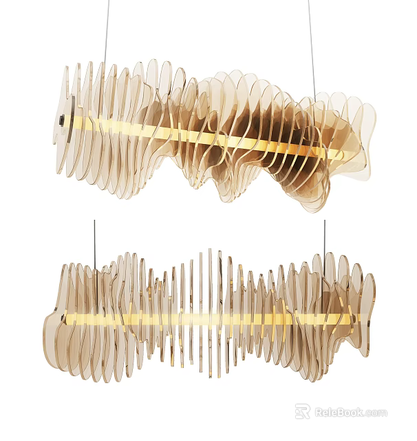 Contemporary Layered Wave Design Chandelier with Light Wood and Gold Accents 3d model 