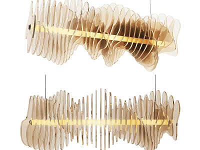 Contemporary Layered Wave Design Chandelier with Light Wood and Gold Accents 3d model
