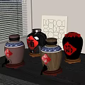 Traditional Chinese Wine Jars With Red Characters On Wooden Table Near Window And Decorative Painting