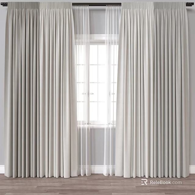 Curtains Light Gray Floor Length With Sheer Layer For Window Decoration 3d model 