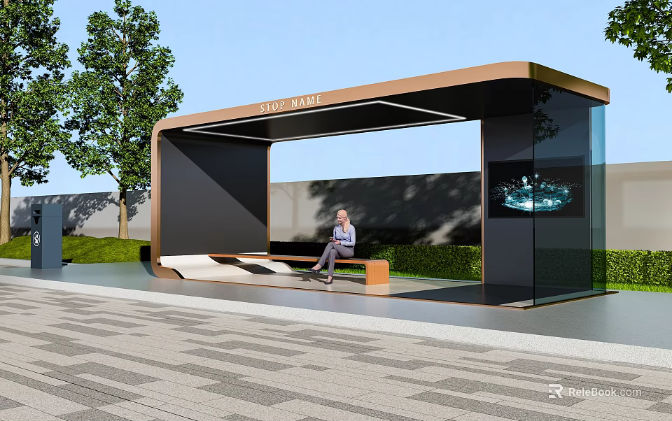 Modern Bus Stop Shelter Public Facility With Seating Greenery And Display Screen 3d model 