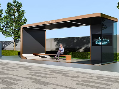Modern Bus Stop Shelter Public Facility With Seating Greenery And Display Screen 3d model