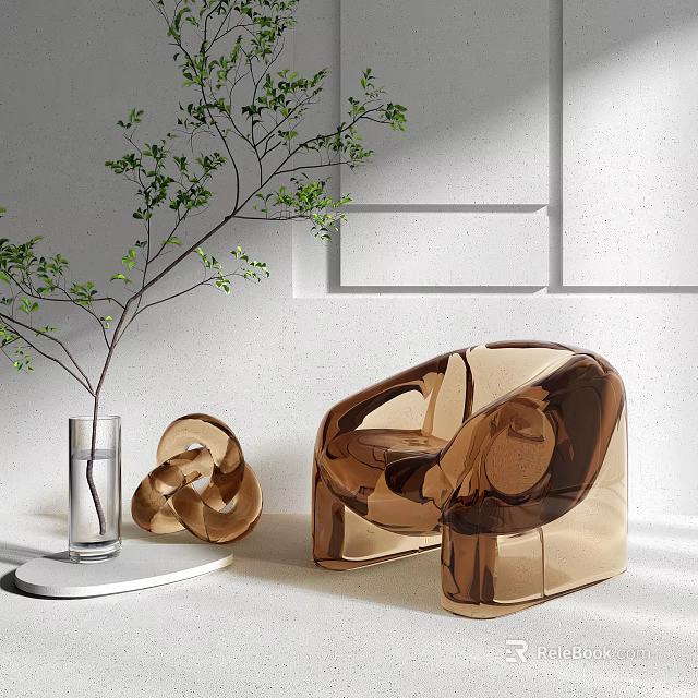 Amber Transparent Modern Leisure Chair With Decorative Plant Glass Vase And Abstract Sculpture 3d model 