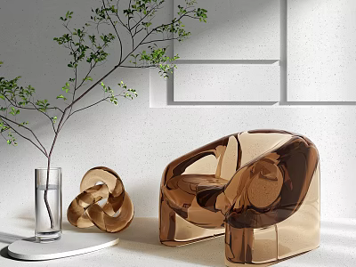 Amber Transparent Modern Leisure Chair With Decorative Plant Glass Vase And Abstract Sculpture 3d model