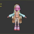 Cute Game Movie Character With Blue Hair Pigtails Transparent Coat Track Pants And Red Sneakers