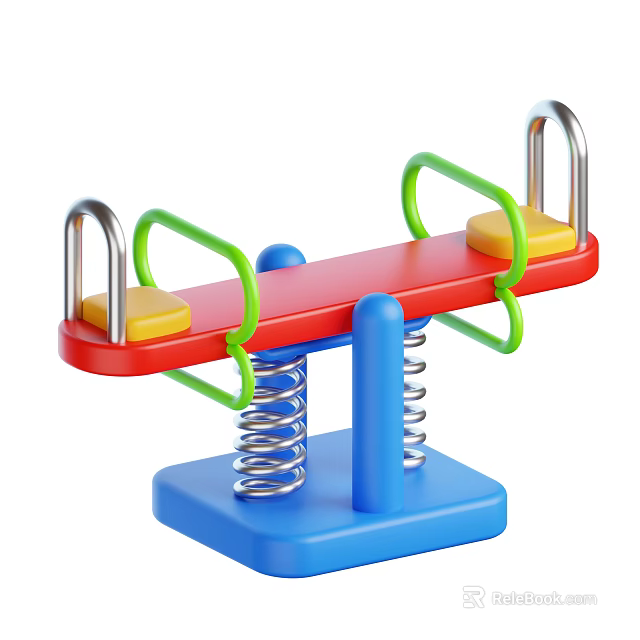 Colorful Playground Seesaw Equipment with Red Board Green Handrails Yellow Seats Blue Base and Springs 3d model 