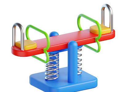 Colorful Playground Seesaw Equipment with Red Board Green Handrails Yellow Seats Blue Base and Springs 3d model