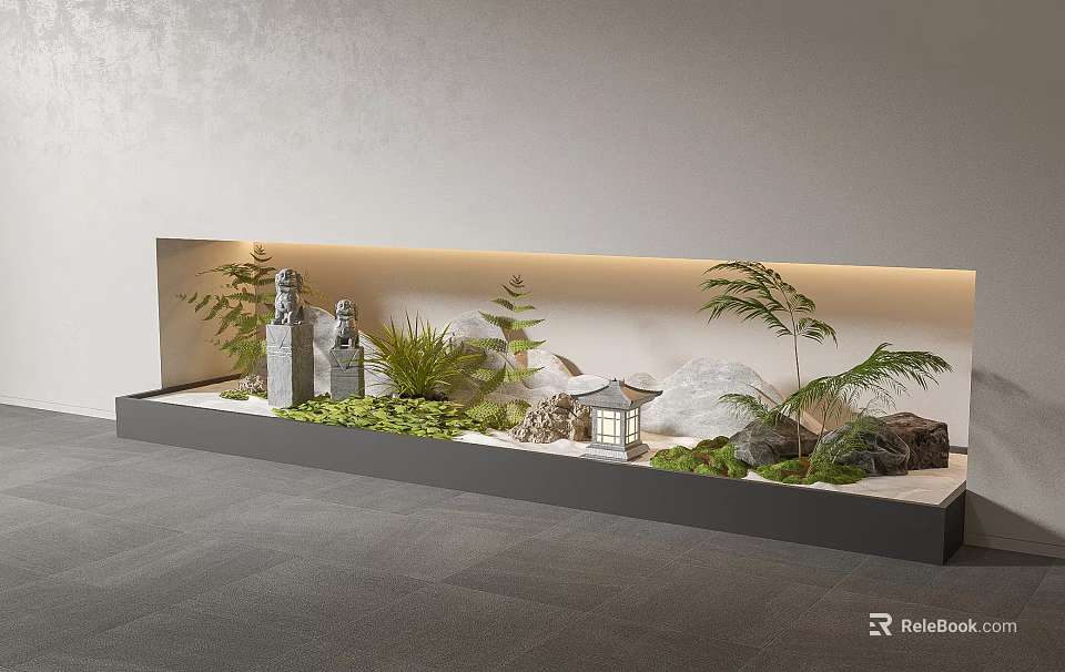Indoor Landscape Design Featuring Green Plants Rock Formations Stone Lantern And Backlit Wall 3d model
