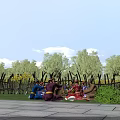 Cartoon Scene With Gathered Characters Blue Sky White Clouds Green Trees Yellow Flowers and Fence