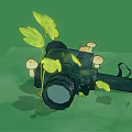 Vintage Black Digital Camera With Green Leaves And Round Fruits On Green Background