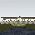 Scenic Modern Wooden Bridge with Triangular Roof Structure in Lush Forest and Misty River