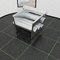 Silver Metallic Sofa In Room Featuring Black Speckled Floor White Textured Wall Window Sky View