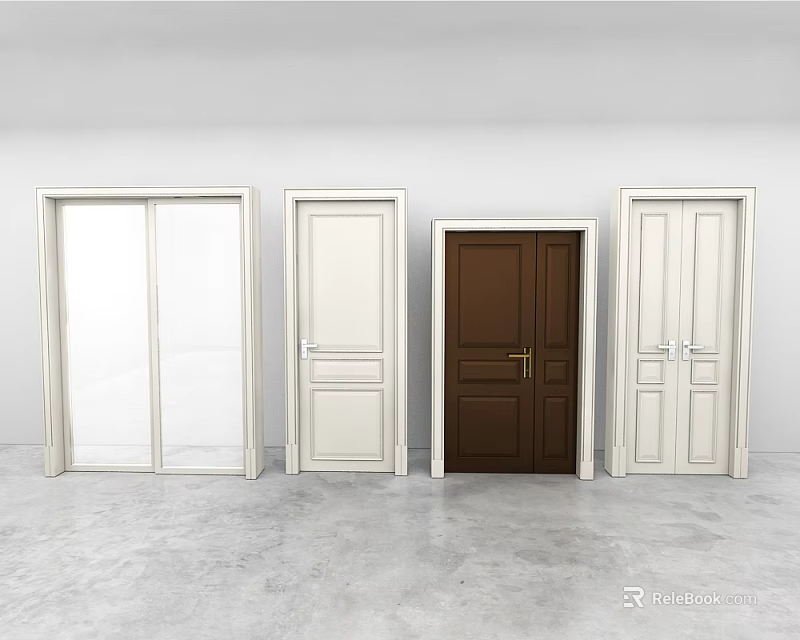 White and Brown Hinged Doors Collection Featuring Single and Double Panel Designs 3d model