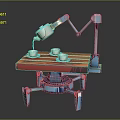 Robotic Arm Pouring Coffee Into Cups On Wooden Table With Mechanical Legs