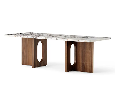Modern Dining Table With Marble Tabletop And Walnut Legs Featuring Circular Cutouts 3d model