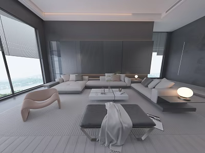 Modern Minimalist Grey Living Room Interior With Large Panoramic Windows And Comfortable Sectional Sofa Sets 3d model