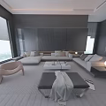 Modern Minimalist Grey Living Room Interior With Large Panoramic Windows And Comfortable Sectional Sofa Sets