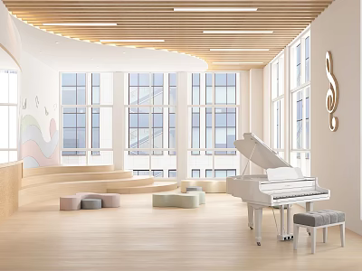 Art Book Learning Space With White Piano And Wooden Floor Windows 3d model