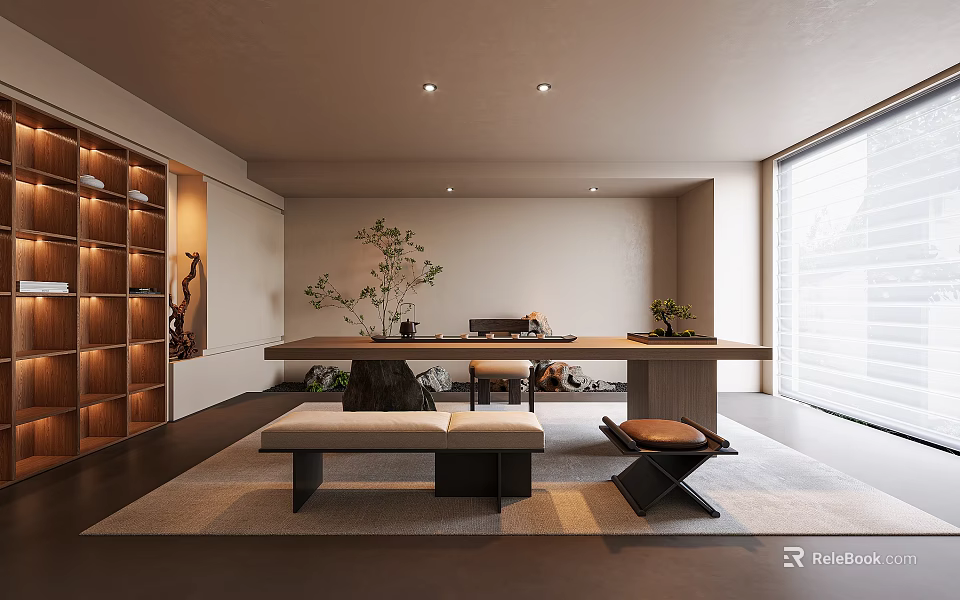 Minimalist Tea Room With Long Table Seating And Plants 3d model 