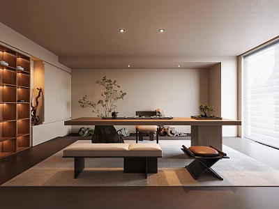 Minimalist Tea Room With Long Table Seating And Plants 3d model