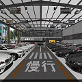 Indoor Car Showroom With Various Cars Parked Both Sides Central Lane And Ceiling Banners
