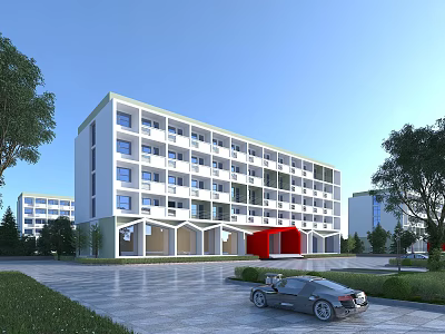 Modern White Multi storey School Building With Front Plaza And Green Trees 3d model