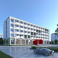 Modern White Multi storey School Building With Front Plaza And Green Trees