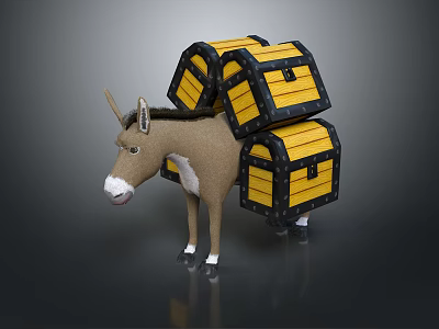 3D Render Donkey Carrying Stacked Yellow And Black Chests With Structure 3d model