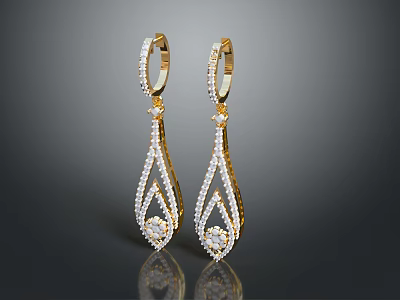 Elegant Golden Teardrop Earrings With Sparkling Diamond Pendant Design For Women 3d model