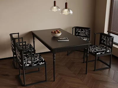 Dining Room With Black Table Four Patterned Chairs Fruit Bowl And Pendant Lights 3d model