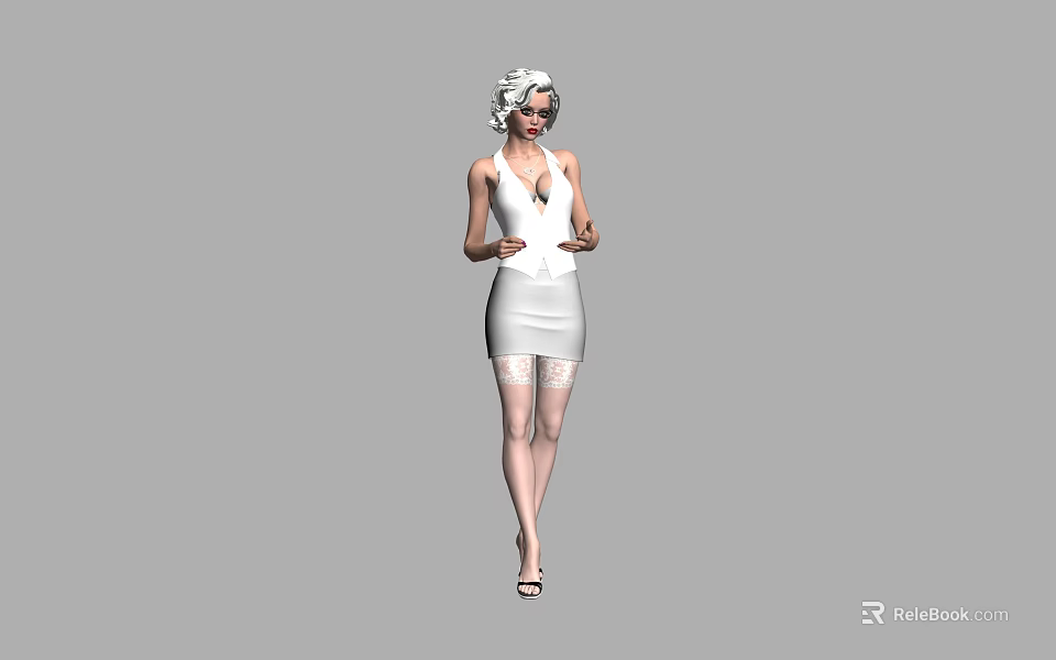 Woman Wearing White Dress With Lace Details And High Heels Looking Elegant 3d model 