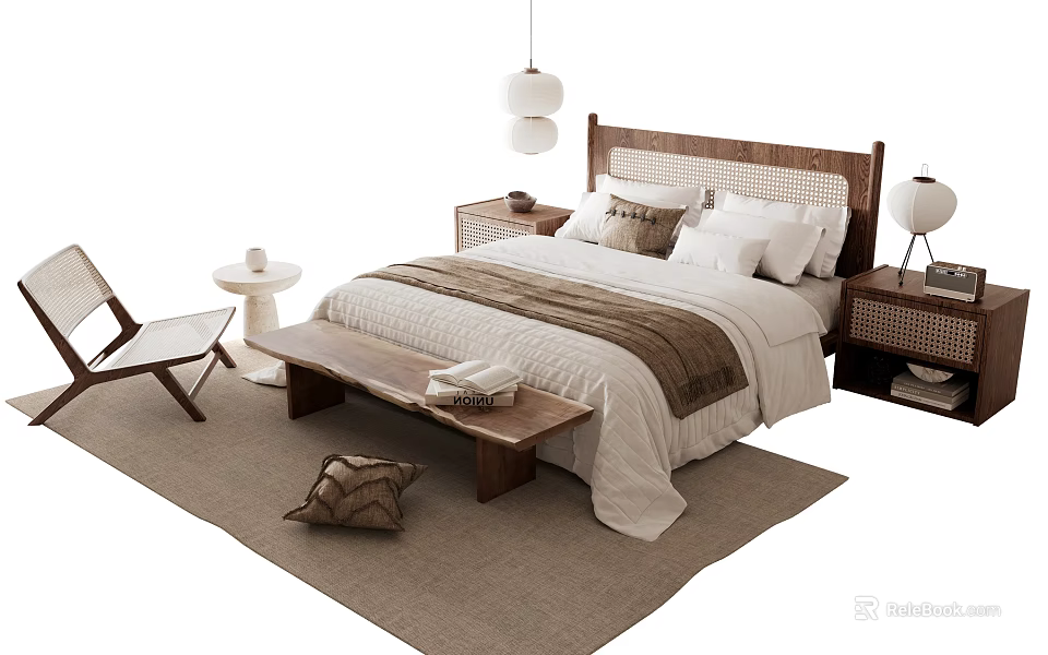 Natural Style Double Bed With Wooden Headboard Rattan Nightstand Bench And Hanging Lamp 3d model 
