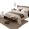 Natural Style Double Bed With Wooden Headboard Rattan Nightstand Bench And Hanging Lamp
