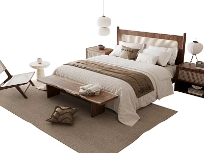 Natural Style Double Bed With Wooden Headboard Rattan Nightstand Bench And Hanging Lamp 3d model