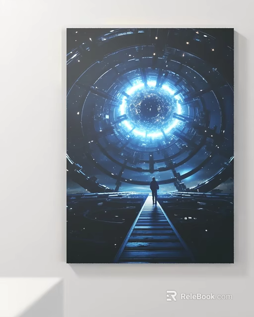 Futuristic Sci Fi Scene with Person Standing on Walkway Toward Glowing Sphere 3d model 
