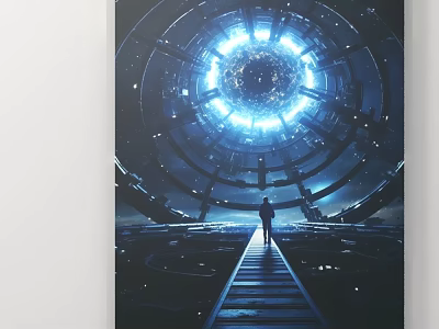 Futuristic Sci Fi Scene with Person Standing on Walkway Toward Glowing Sphere 3d model
